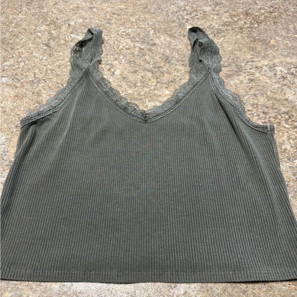 American Eagle Outfitters Lace Trim Ribbed Camisole - Dark Green